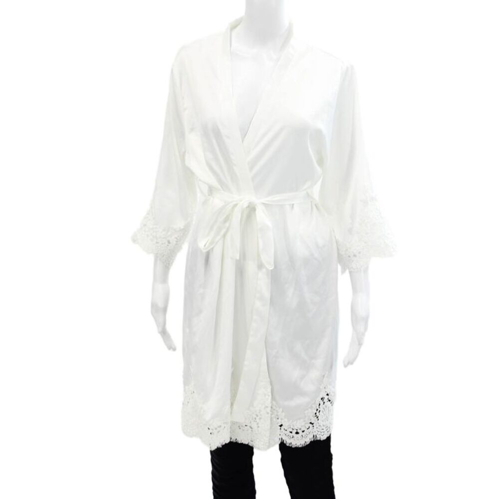 Le Rose Womens Lace Trim Belted Long Sleeve Mid-Length Robe White Size S/M